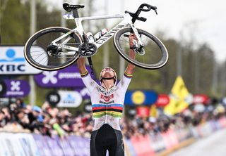 Dutch Mathieu van der Poel of Alpecin-Deceuninck celebrates after winning the men's race of the 'Ronde van Vlaanderen' (Tour des Flandres) one day cycling race, 270,8 km from Antwerp to Oudenaarde, on March 31, 2024. (Photo by LAURIE DIEFFEMBACQ / Belga / AFP) / Belgium OUT