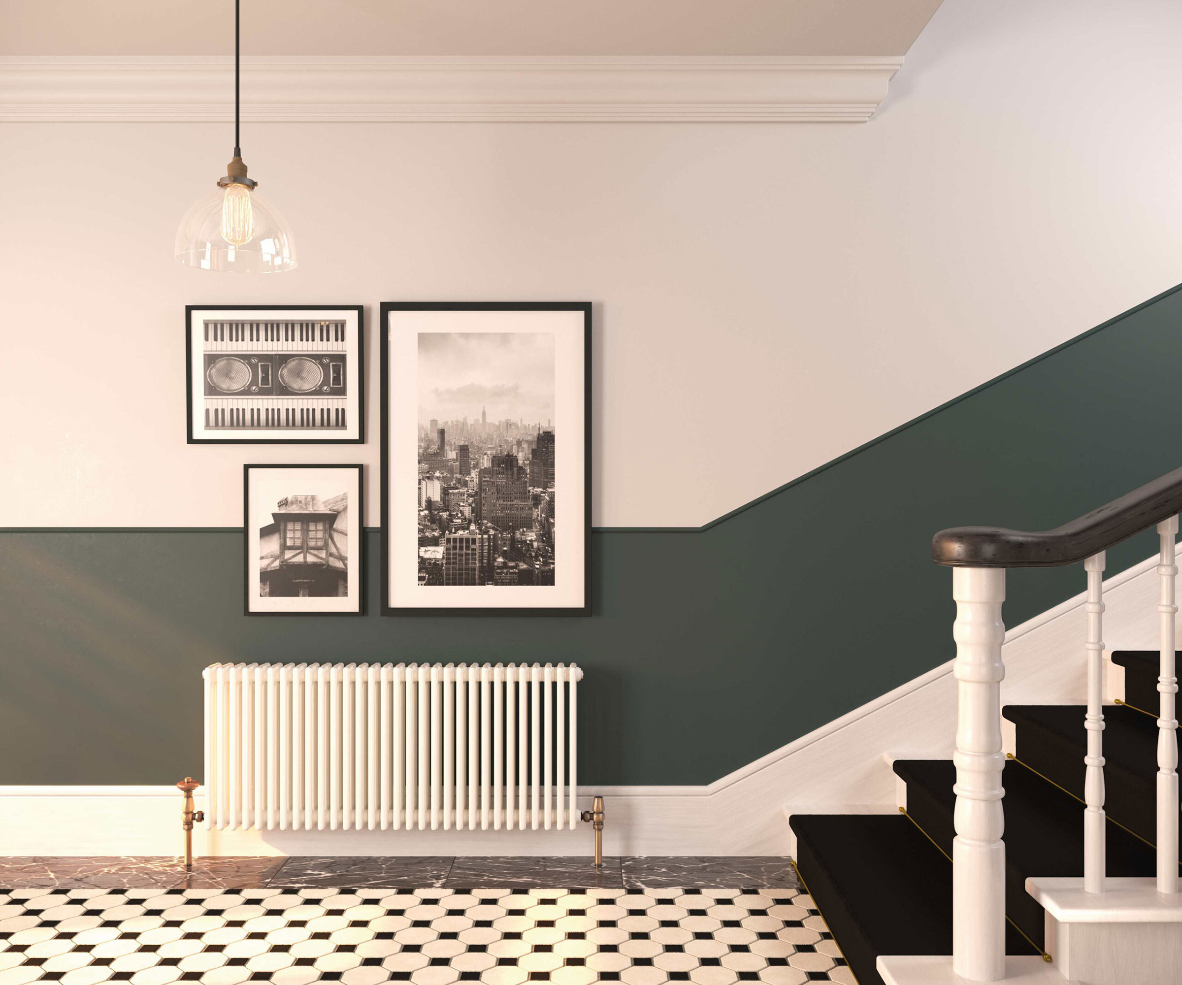 green and white entrance hall with white column radiator and black and white floor