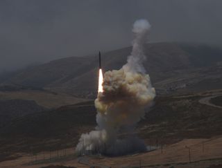 A U.S. Ground-Based Interceptor launches from Vandenberg Air Force Base in California on May 30, 2017 during a successful live-fire missile defense test. The interceptor destroyed a target launched from the Kwajalein Atoll in the Pacific Ocean. 