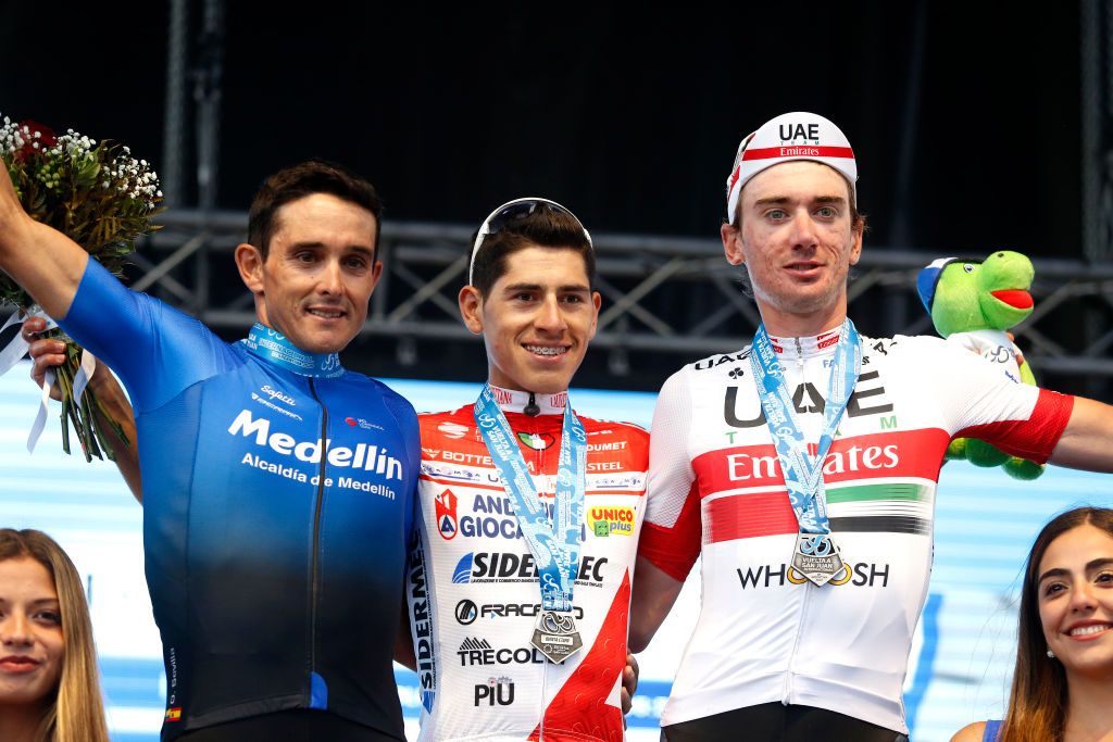 The stage 5 podium: Second-placed Oscar Sevilla (Team Medellin), winner Miguel Florez (Androni Giocattoli–Sidermec) and UAE Team Emirates’ Brandon McNulty