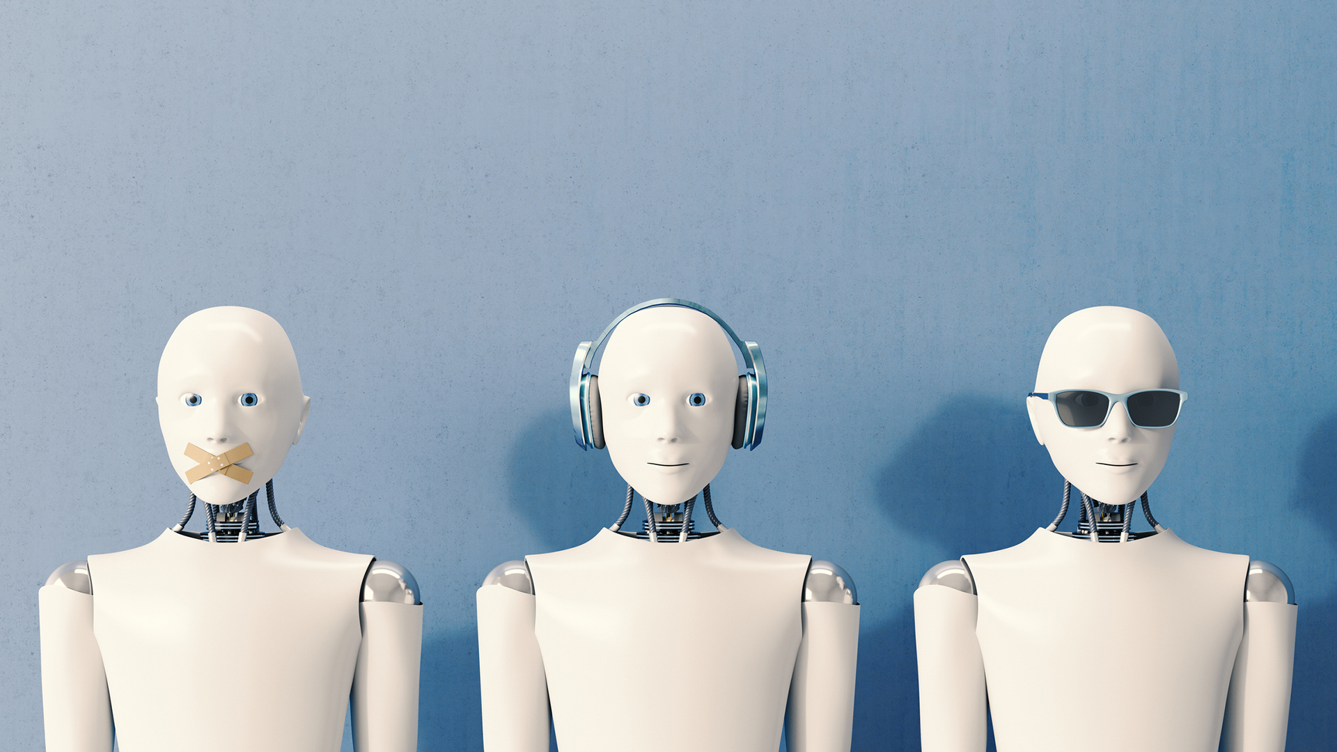 3 AI robots standing next to one another with different features