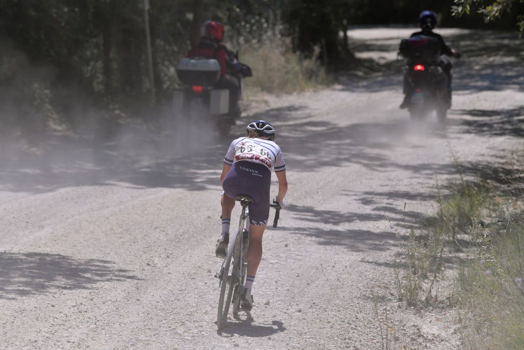 SIENA ITALY AUGUST 01 Omer Shapira of Israel and Team CanyonSram Racing Dust during the Eroica 6th Strade Bianche 2020 Women Elite a 136km race from Siena to Siena Piazza del Campo StradeBianche on August 01 2020 in Siena Italy Photo by Luc ClaessenGetty Images