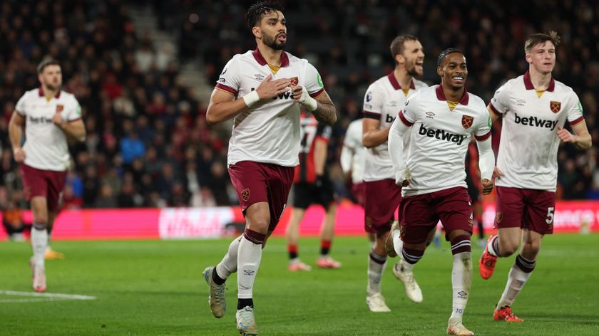 West Ham players celebrate a goal against Bournemouth in the Premier League