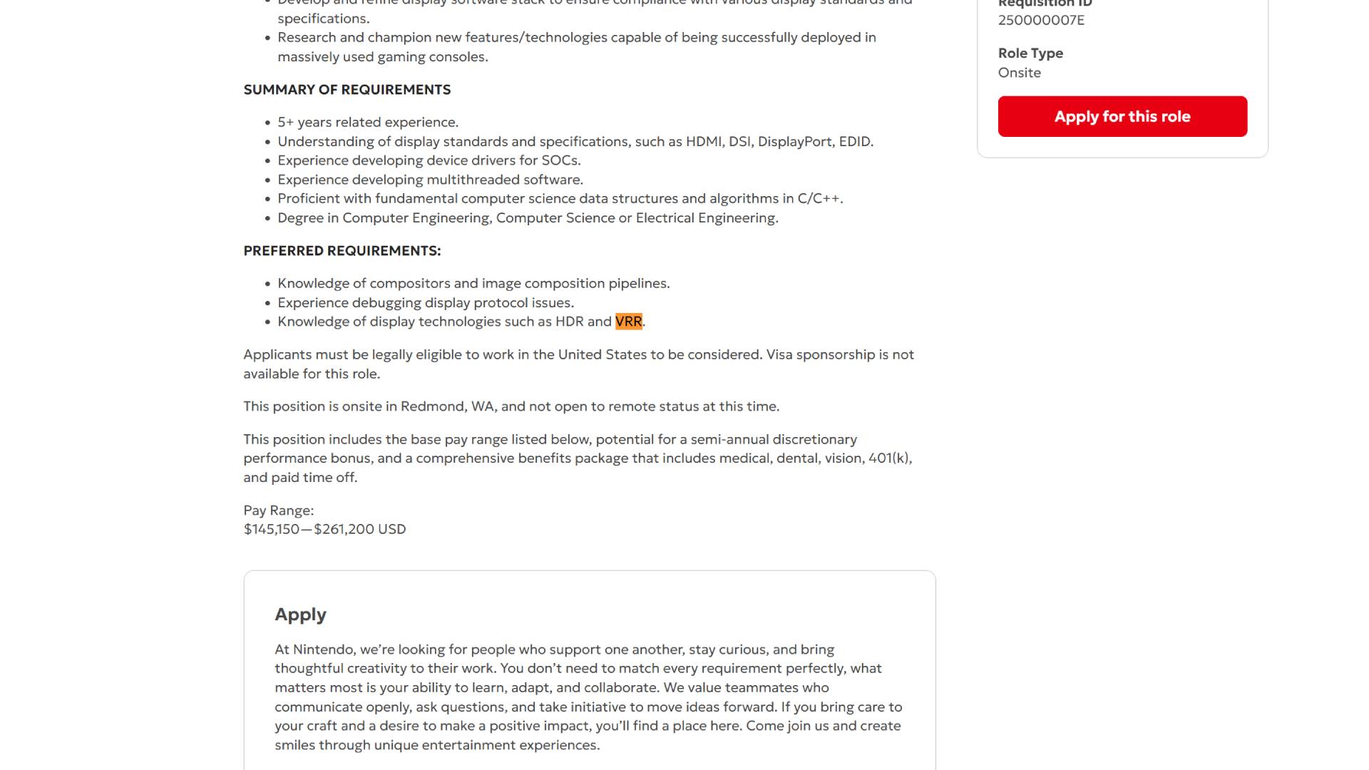 Screenshot of Nintendo job listing for a senior display engineer with mention of VRR highlighted in orange.