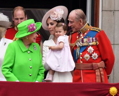 Catherine, Duchess of Cambridge, Princess Charlotte of Cambridge, Queen Elizabeth ll and Prince Philip, Duke of Edinburgh appear on the balcony of Buckingham Palace