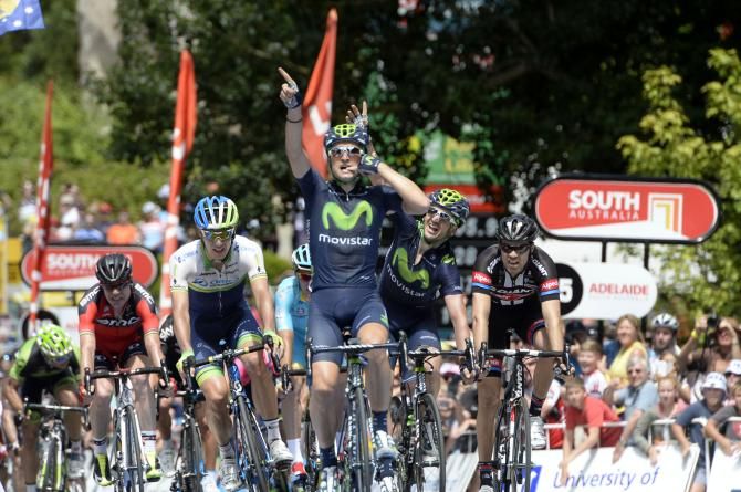 Juan Jose Lobato (Movistar) celebrates with his teammate Gorka Izagirre Insausti