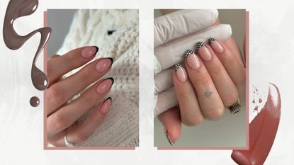On the left is a close-up of someone wearing a cream knit jumper and posing their hand, which features a dark brown autumn French nails, followed by a close-up of another hand with a brown and white polka dot French manicure. Both looks were created by nail artist Fliss Alton/@gelsbyfliss, and are featured in a white and grey marble-look template with brown nail polish spills.