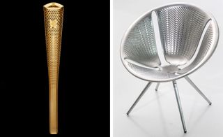 In extension to Young’s pieces, there is a section dedicated to other designer-made aluminium works, titled ‘The Crypt’. Left: Olympic Torch by BarberOsgerby. Right: Ross Lovegrove’s ’Diatom Chair’ for Moroso