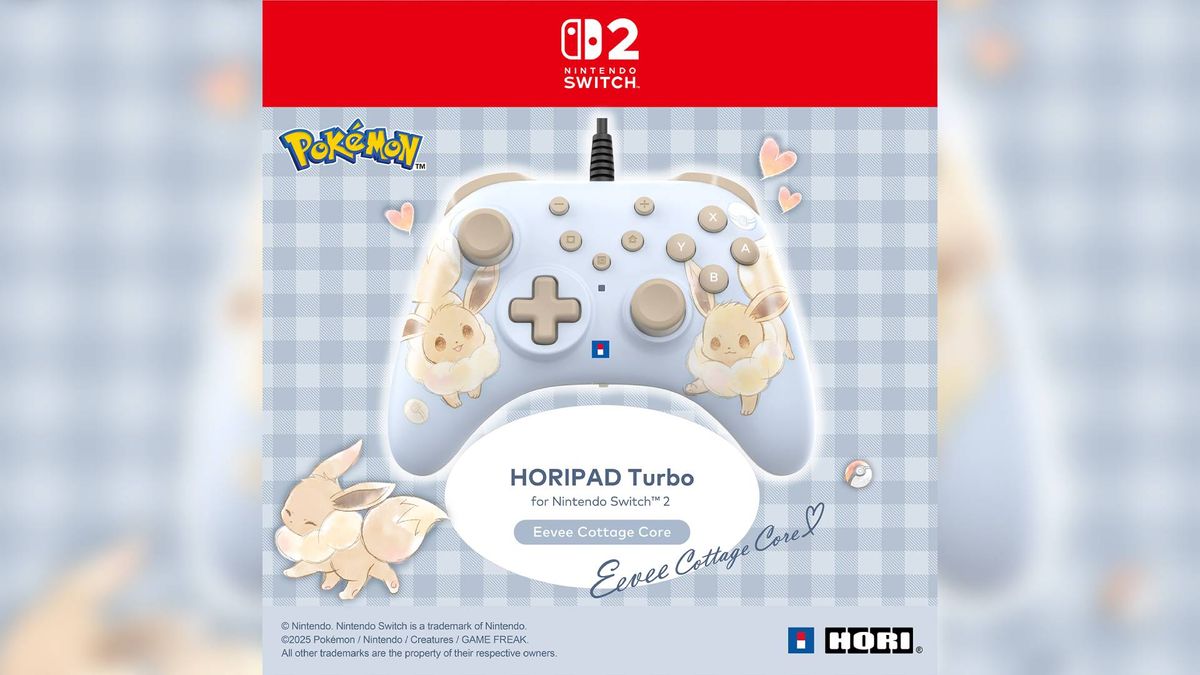 Official promo image of the Hori Eevee Cottage Core Horipad Turbo controller. The image shows a wired baby blue controller with two Eevee's printed on it.