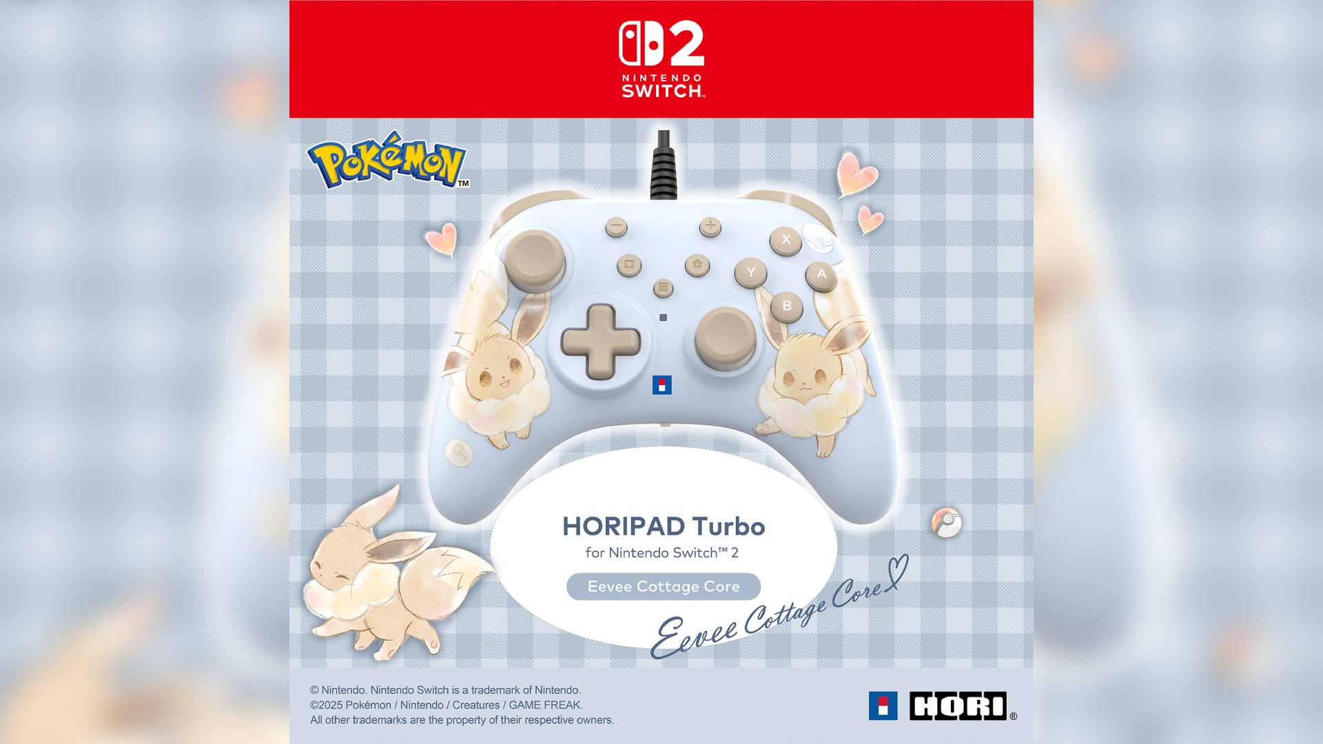 Official promo image of the Hori Eevee Cottage Core Horipad Turbo controller. The image shows a wired baby blue controller with two Eevee's printed on it.