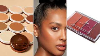Three side-by-side images of Danessa Myricks products and a person wearing a blush for Black-owned beauty and skincare brands.