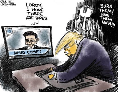 Political cartoon U.S. Comey testimony Trump Nixon Watergate tapes