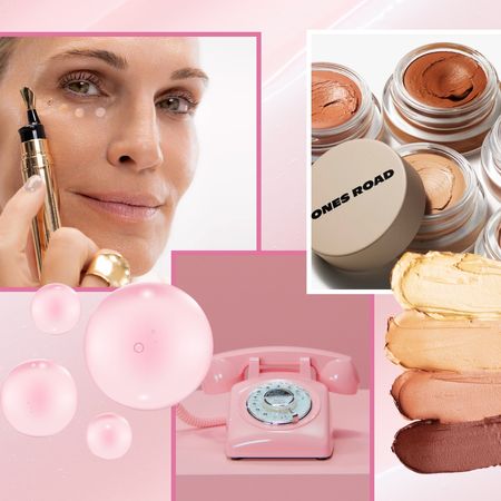 collage of yise beauty and jones road wide awake concealer with two models with glowing skin on a pink background