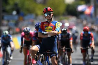 ADELAIDE AUSTRALIA JANUARY 26 Clara Copponi of France and Team Lidl Trek celebrates at finish line as race winner during the Schwalbe Womens OneDay Classic 2025 a 899km one day race from Adelaide to Adelaide on January 26 2025 in Adelaide Australia Photo by Dario BelingheriGetty Images