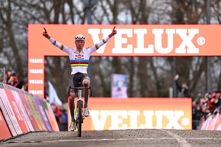 NAMUR, BELGIUM - DECEMBER 14: Mathieu Van Der Poel of Netherlands and Team Alpecin-Deceuninck celebrates at finish line as race winner during the 16th UCI Cyclo-Cross World Cup Namur 2025 - Men&#039;s Elite on December 14, 2025 in Namur, Belgium. (Photo by Billy Ceusters/Getty Images)