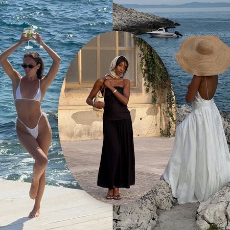 European vacation outfit ideas are shown in a collage