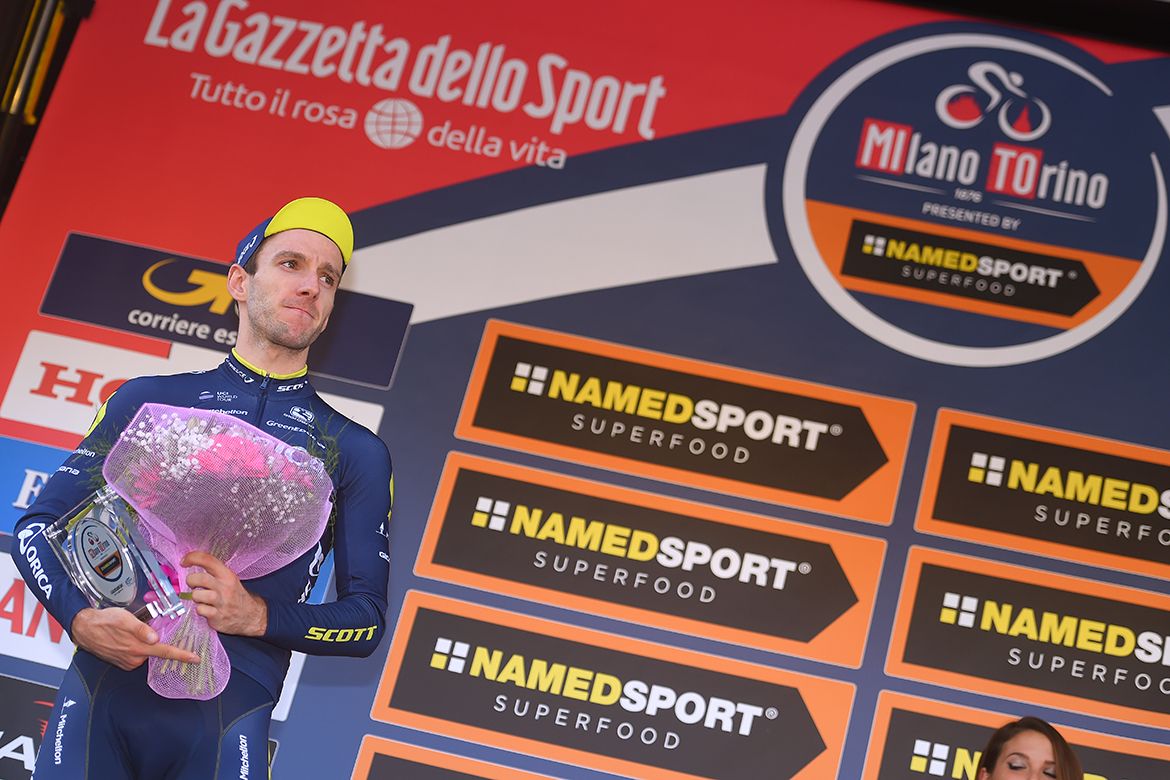 Adam Yates on the podium after his runner-up ride at Milano-Torino