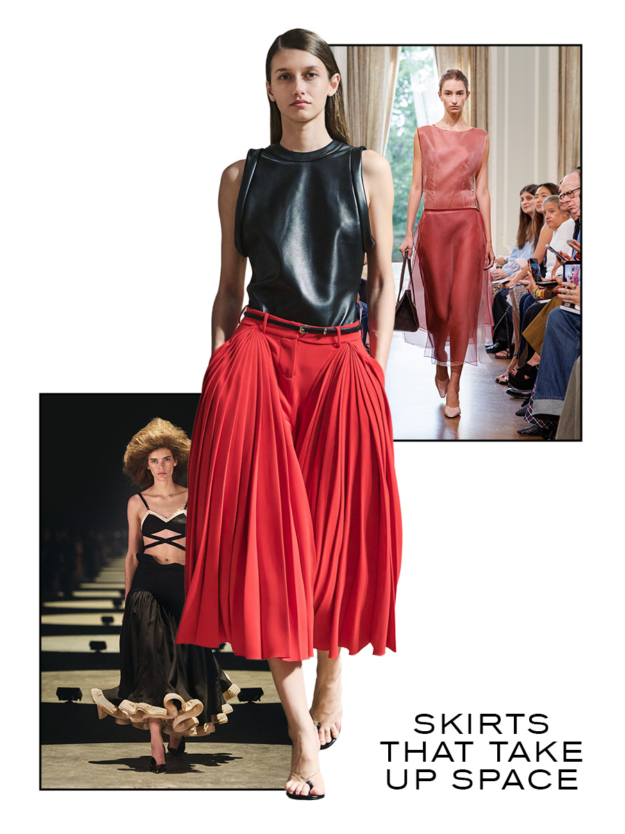 New York Fashion Week spring/summer 2027 runway models wearing full skirts.