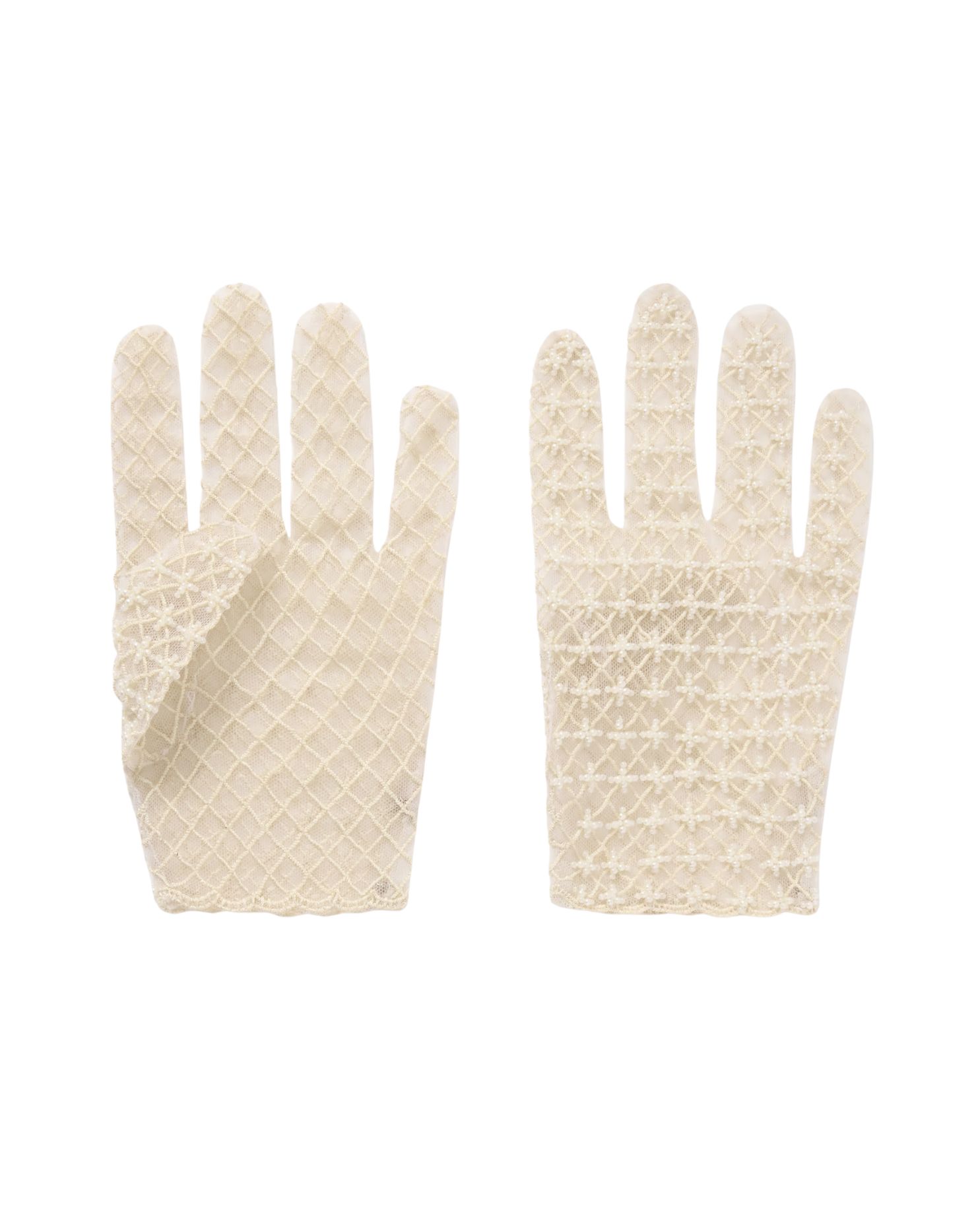 Faux Pearl-Embellished Embroidered Tulle Gloves
