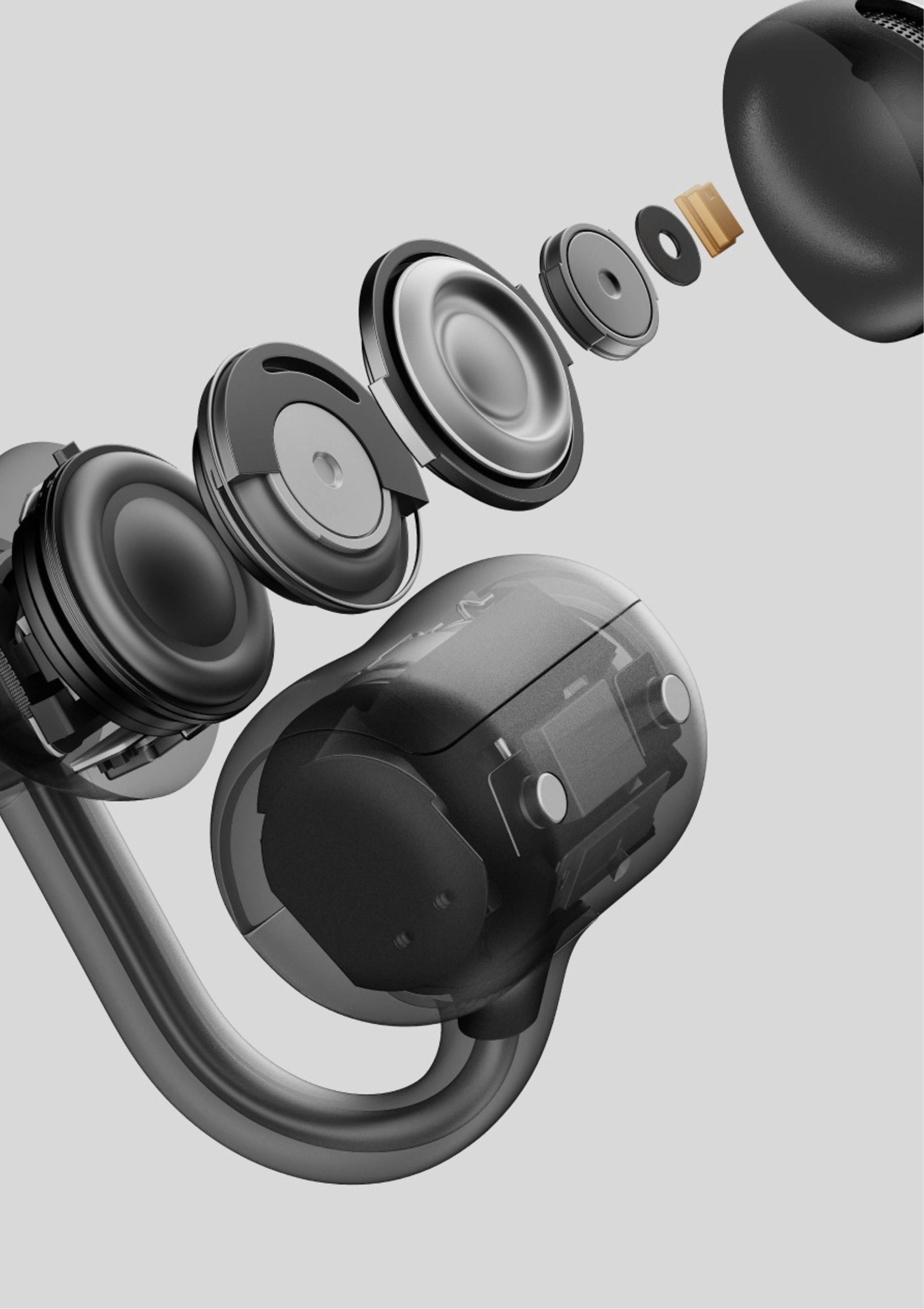 The 10.8mm dynamic driver is contained with the listening ball, shown here in exploded view