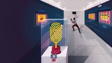 Illustration of giant fingerprint scanning scammer