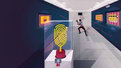 Illustration of giant fingerprint scanning scammer