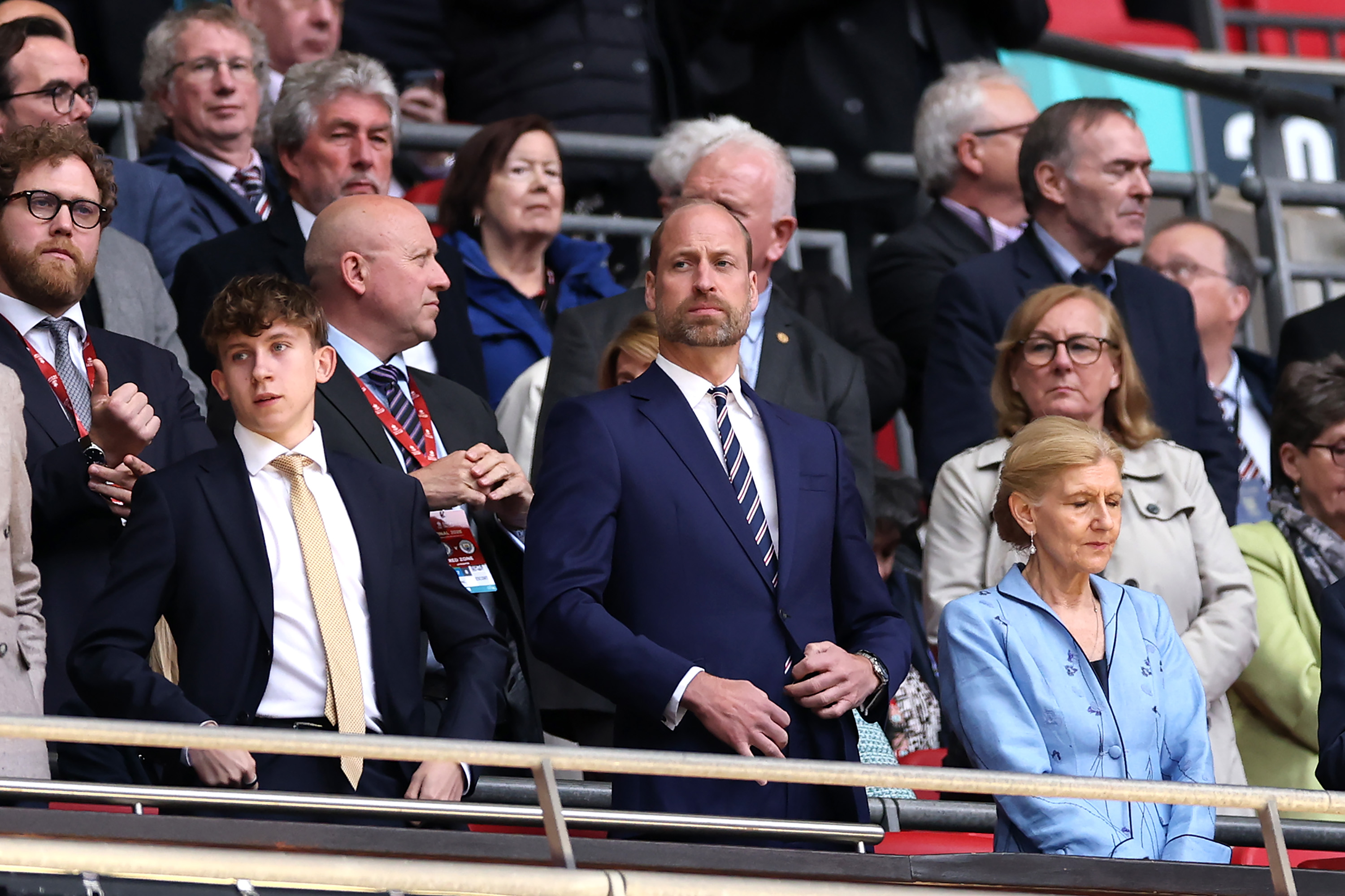Prince William, Prince of Wales looks during the Emirates FA Cup Final match between Chelsea and Manchester City on May 16, 2026 in London, England
