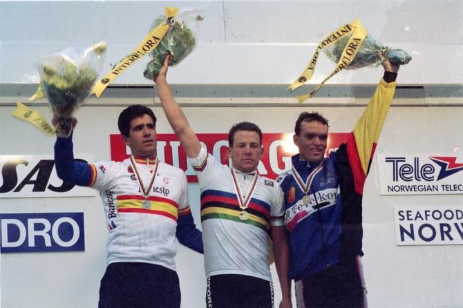 1993 Worlds: 21-year-old Lance Armstrong (USA) became one of the youngest pro road race word champions in Oslo, Norway. He's joined on the podium by Miguel Indurain (Spain) and Olaf Ludwig (Germany)