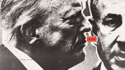 Photo composite illustration of Donald Trump whispering into Benjamin Netanyahu's ear