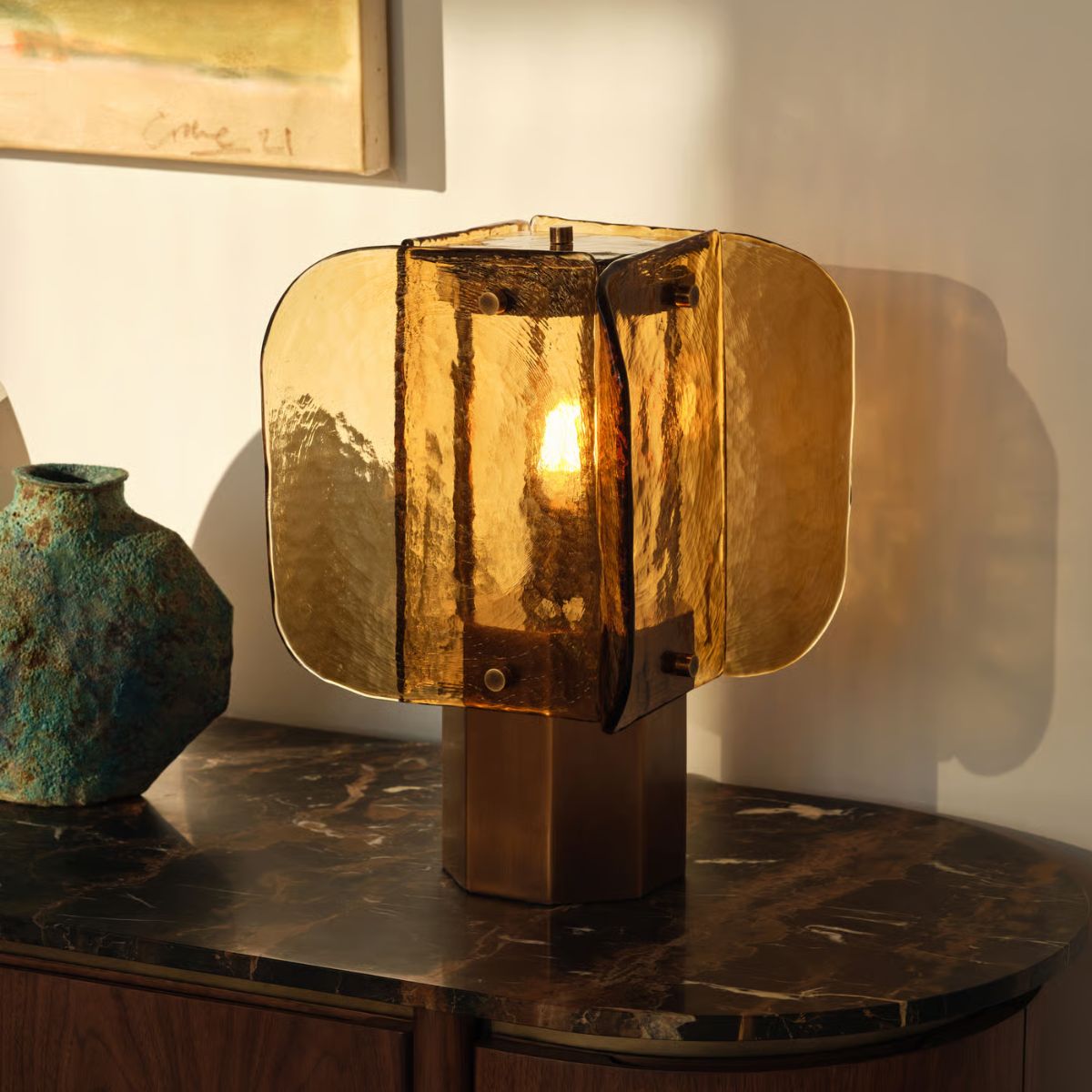 &#039;70s amber glass lamp