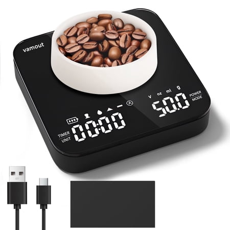 Vamout Coffee Scale With Timer, Rechargeable Mini Espresso Scale, 2kg/0.1g Accurate Food Scale for Pour-Over and Espresso Coffee, Lcd Display, Portable Digital Kitchen Scale With Automatic Timing