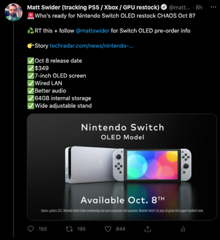 Nintendo Switch OLED tweet by restock Twitter tracker Matt Swider