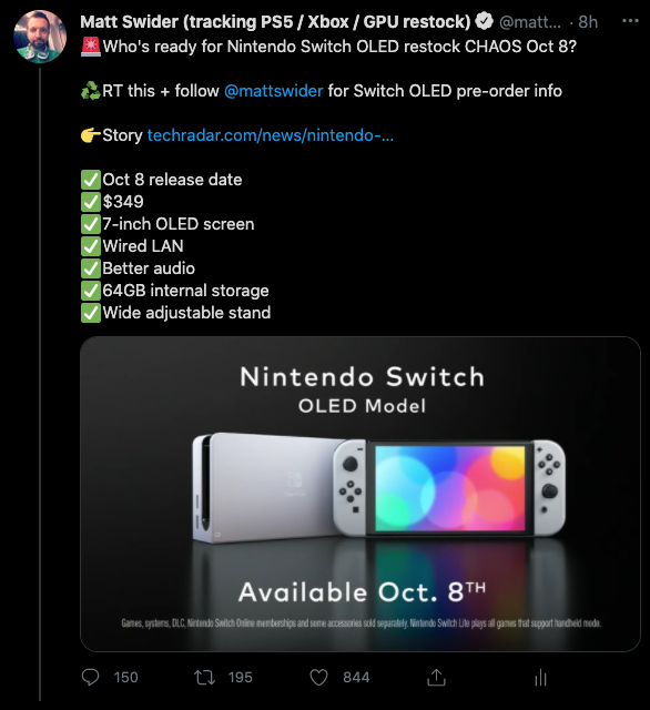 Nintendo Switch OLED tweet by restock Twitter tracker Matt Swider