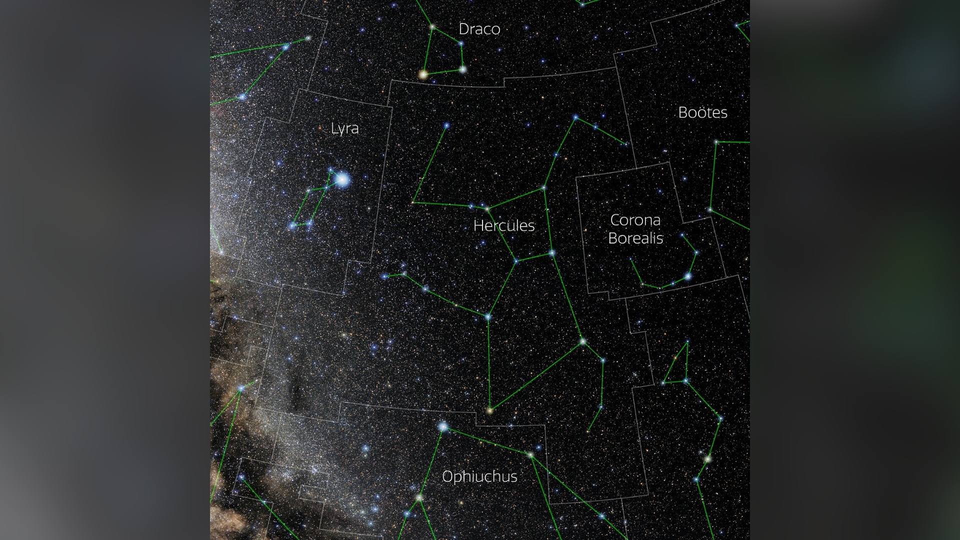 night sky graphic showing the location of the Hercules constellation in the northern night sky.