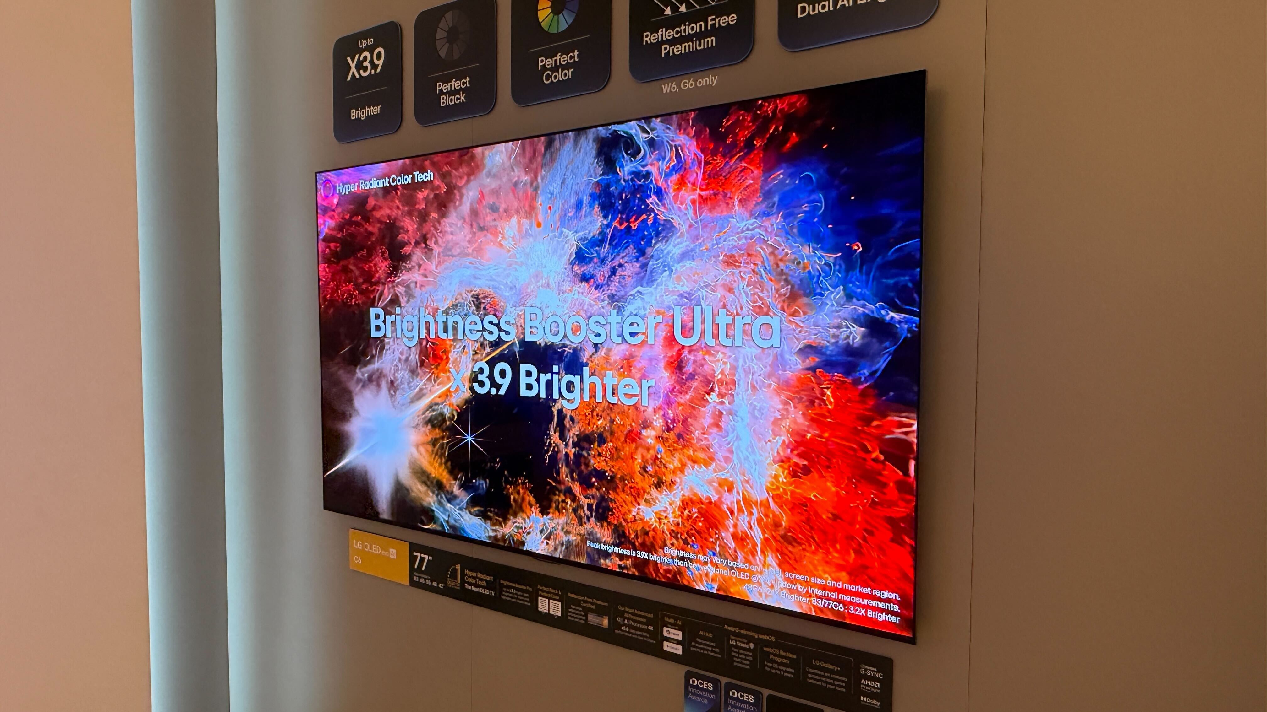 A wall mounted LG C6 OLED TV at LG's CES 2026 booth