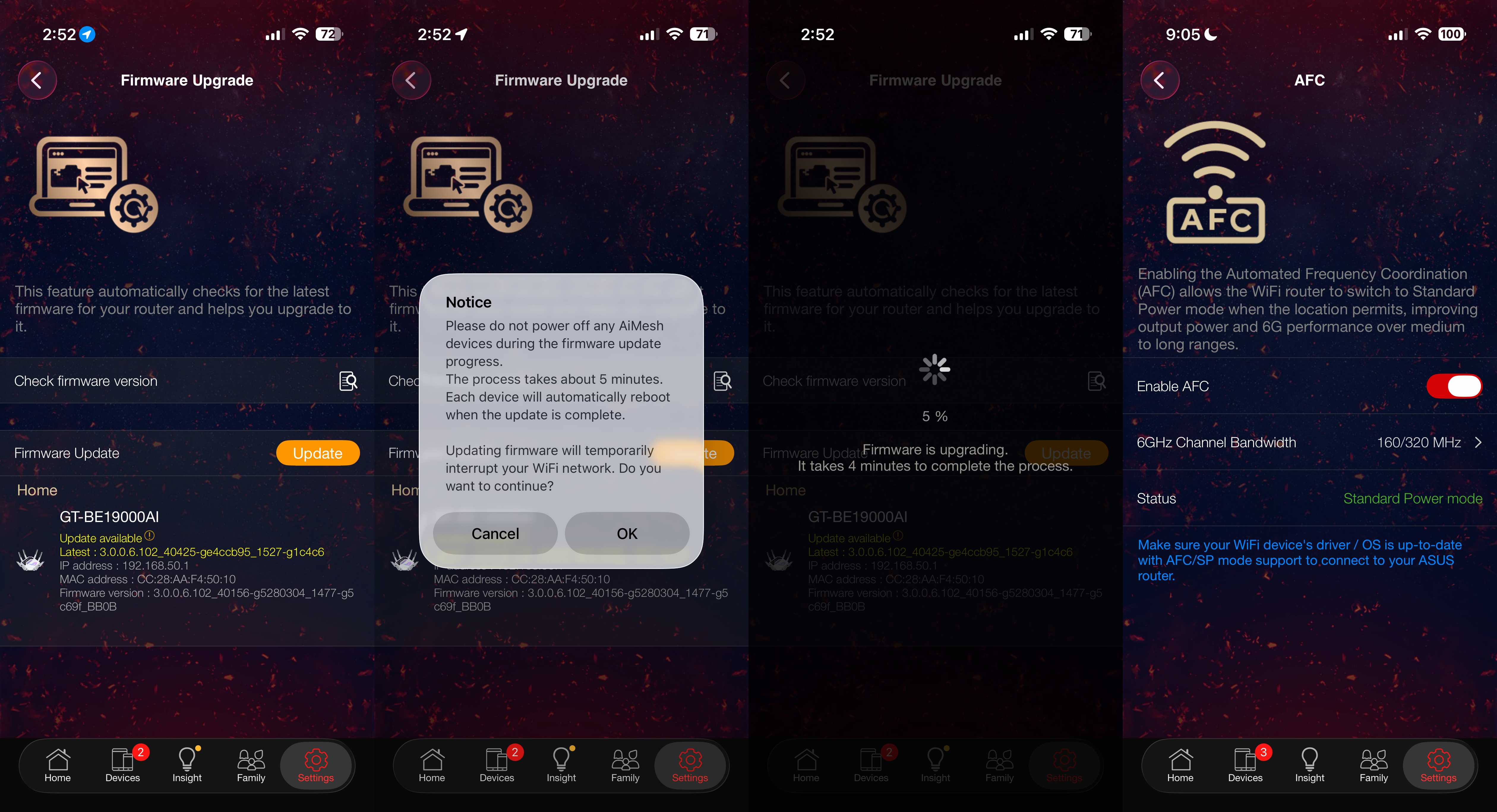 Asus ROG Rapture GT-BE19000Ai firmware update and enabling AFC using the Asus Router app