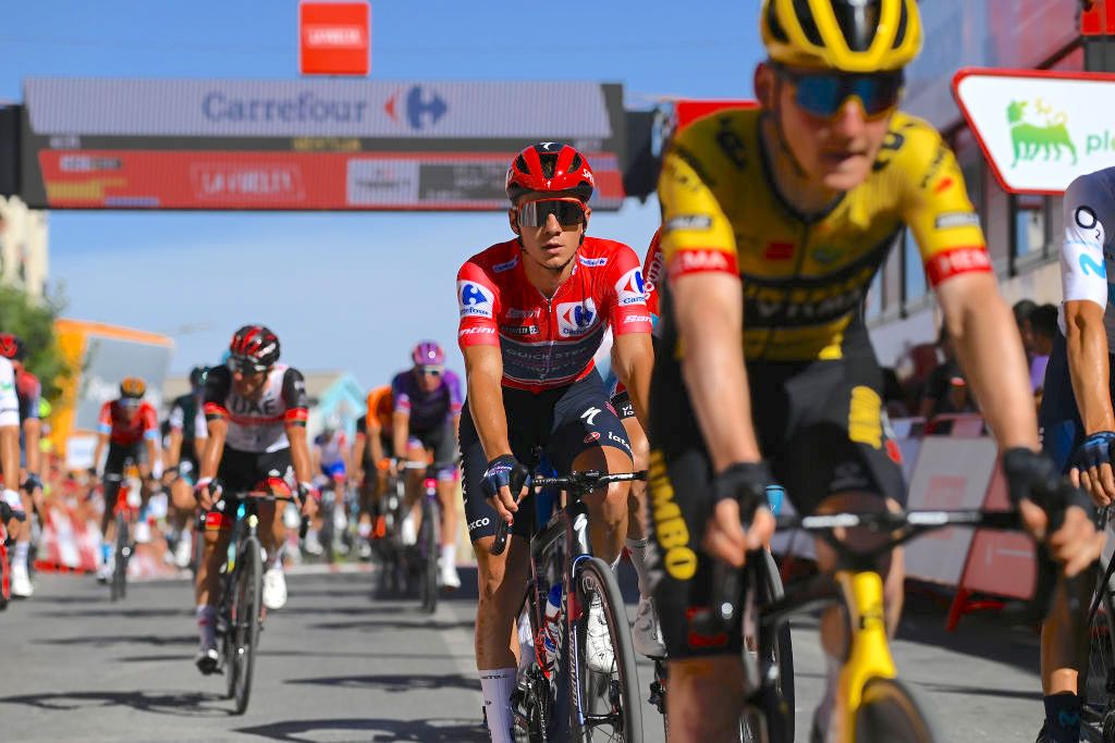 MONTILLA, SPAIN - SEPTEMBER 02: Remco Evenepoel of Belgium and Team Quick-Step - Alpha Vinyl - Red Leader Jersey crosses the finish line during the 77th Tour of Spain 2022, Stage 13 a 168,4km stage from Ronda to Montilla 315m / #LaVuelta22 / #WorldTour / on September 02, 2022 in Montilla, Spain. (Photo by Tim de Waele/Getty Images)