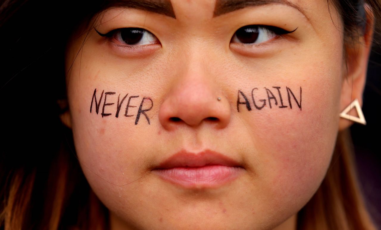  Tufts University student Petrina Chan takes part in the March For Our Lives at the Boston Common on March 24, 2018. Led by students galvanized by last month’s deadly school shooting in Florida, tens of thousands of demonstrators took part in a march and rally to push for stronger gun control. Police estimated 50,000 people participated in the march through city streets for Bostons version of the worldwide rallies called March for Our Lives, a mayoral spokeswoman said. Celebrities react to school shooting