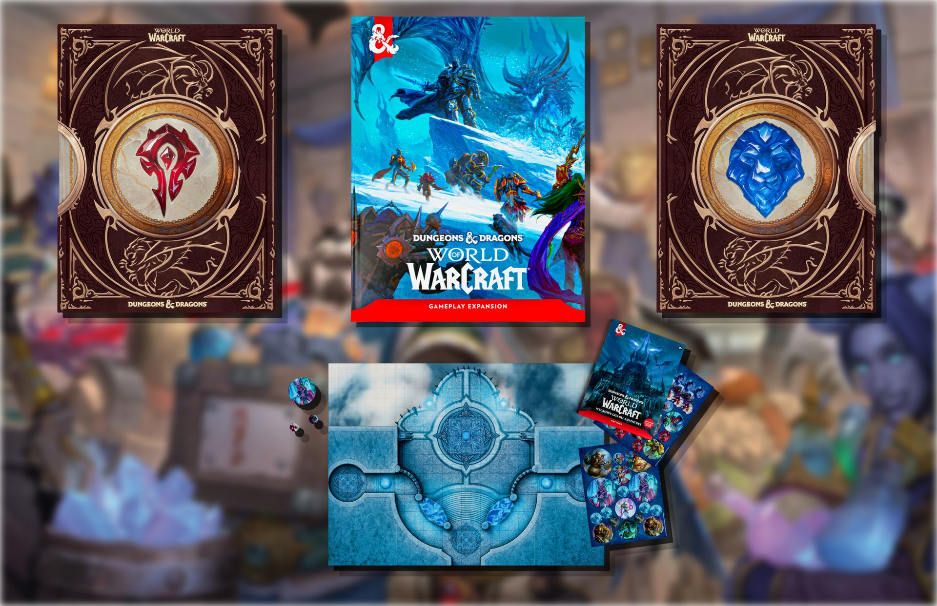 A composite image of materials from Dungeons & Dragons: World of Warcraft. Cover art for the book and player maps sit over blurred art.