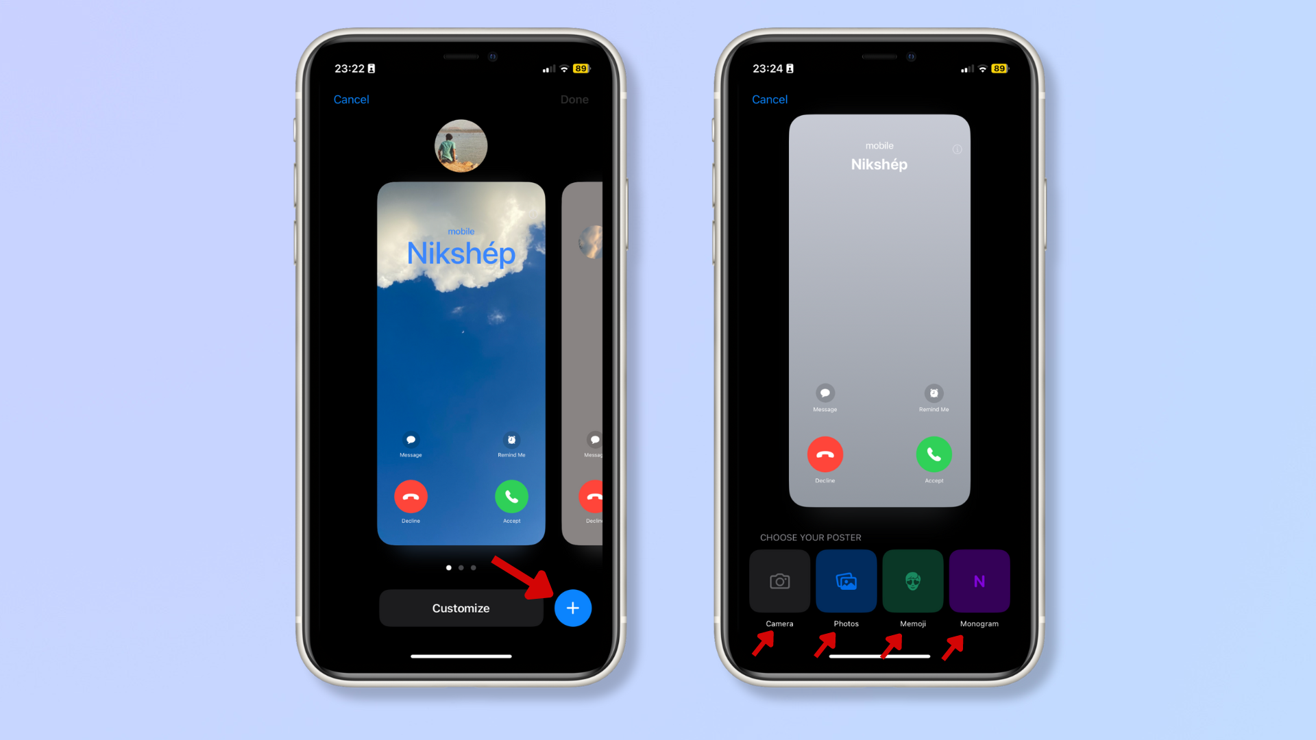 The first screenshot shows the Contact Poster creation menu with a red arrow pointing at a blue plus icon. The second screenshot shows the Contact Poster-type menu, with red arrows pointing at Camera, Photos, Memoji, and Monogram. 