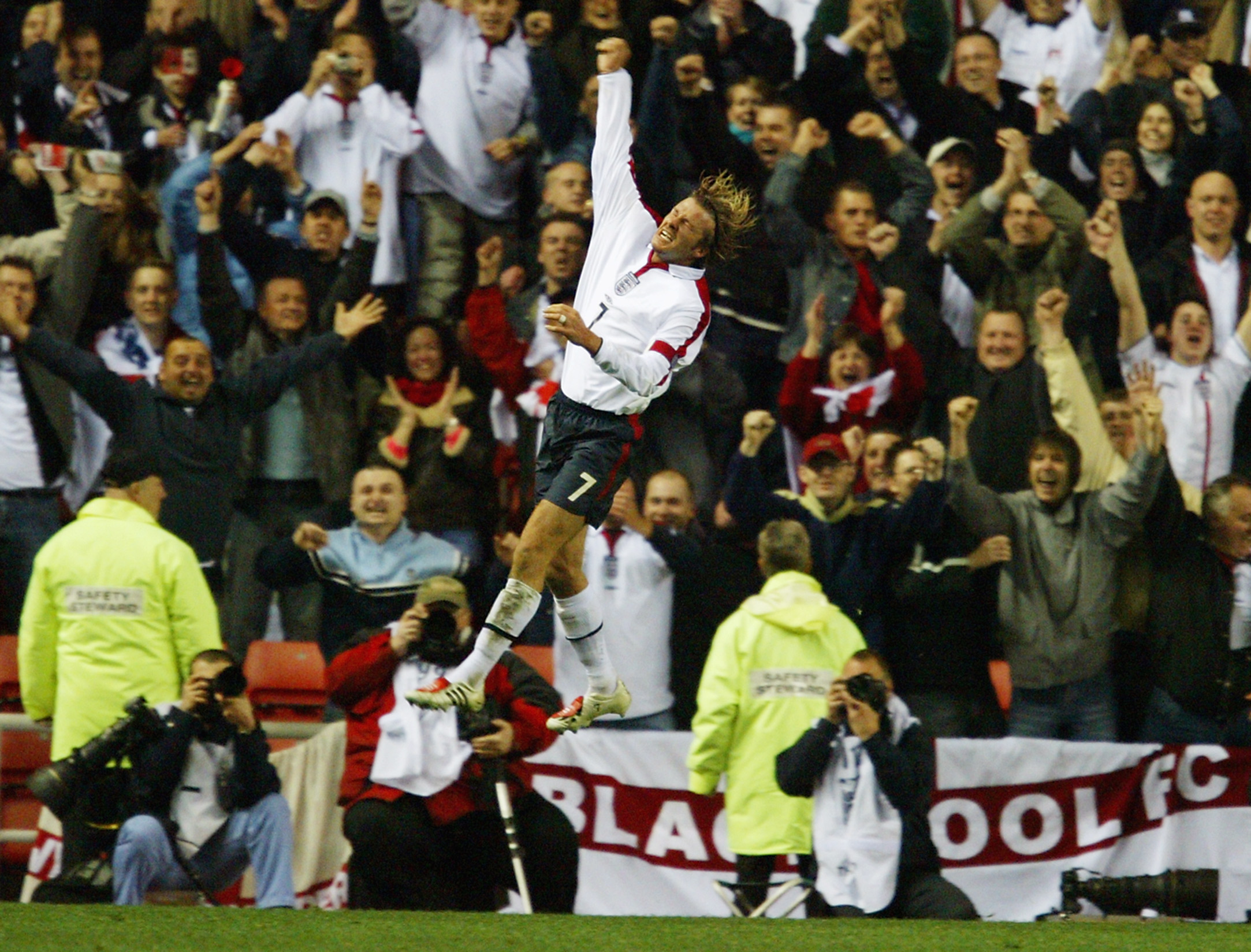 David Beckham celebrates after scoring a penalty for England against Turkey in Euro 2004 qualifying in April 2003.