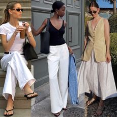 fashion collage featuring style influencers including Fredrika Ekerot, Sylvie Mus, and Marissa Cox wearing chic summer outfits with black heeled flip-flops, white drawstring linen pants, and a full white skirt