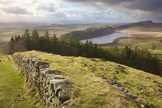 Hadrian's Wall from the top of Hot Bank Crags; in the distance is Winshield Crags.