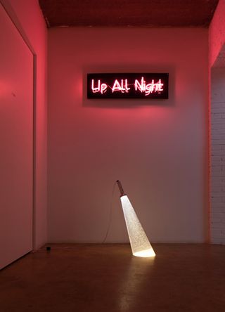Dark room lit up by a neon light in the words "Up All Night". A light fixture on the floor shows an illuminated beam from a torch