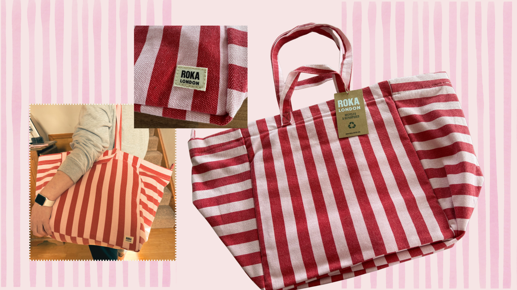 Three shots of the Marylebone Tote Bag by Roka London including one of writer, Heidi Scrimgeour, putting it to the test for this review.