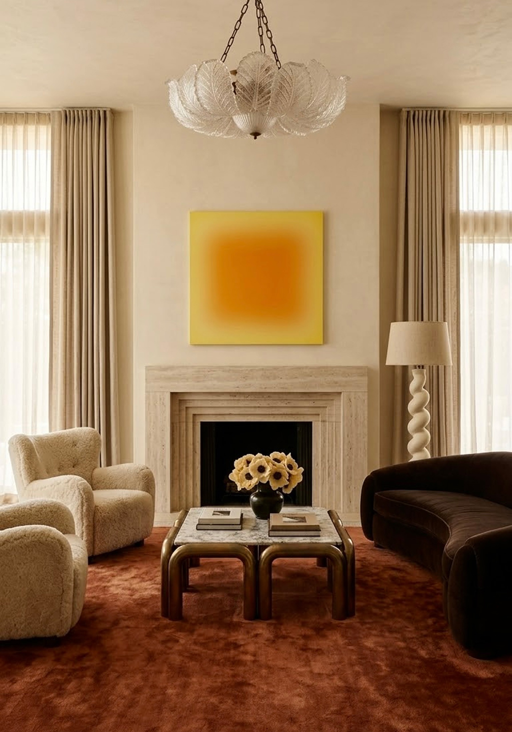 a living room with a red carpet, comfortable seating, contemporary yellow art, and ornate glass vintage lighting