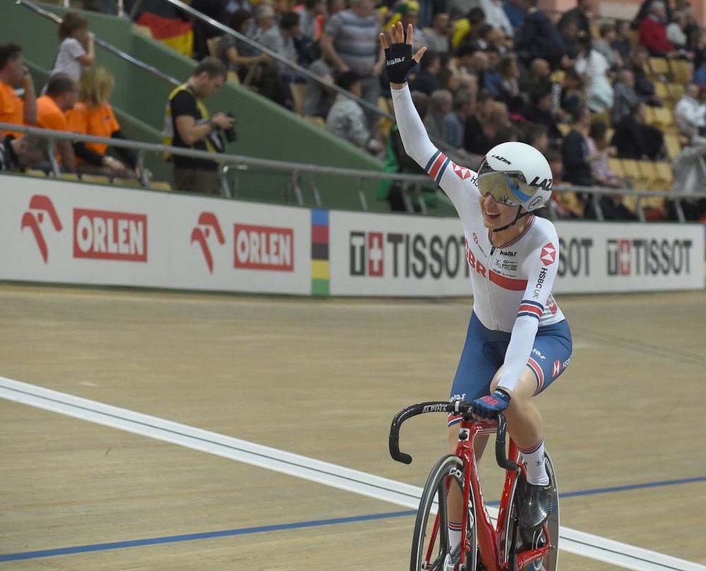 Britain's Elinor Barker reacts after winning the women scratch competition of the UCI Track Cycling World Championships