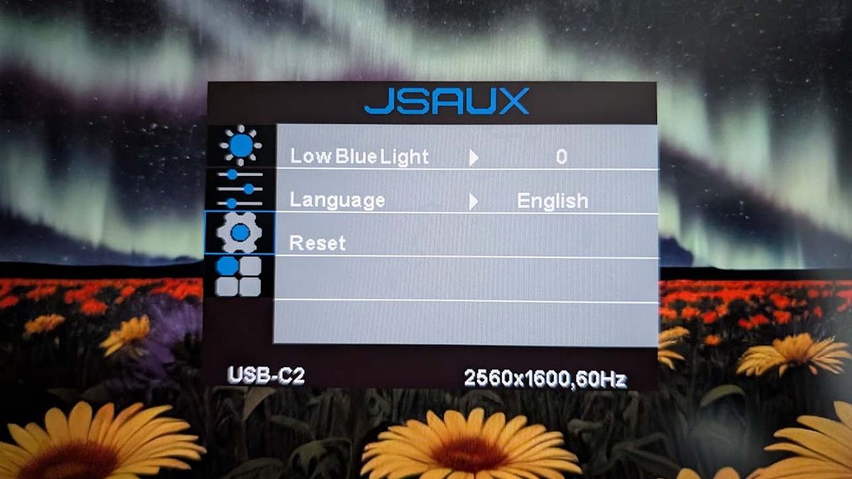 Shot of the JSAUX FlipGo Pro 16's OSD Blue Light and Language menu.