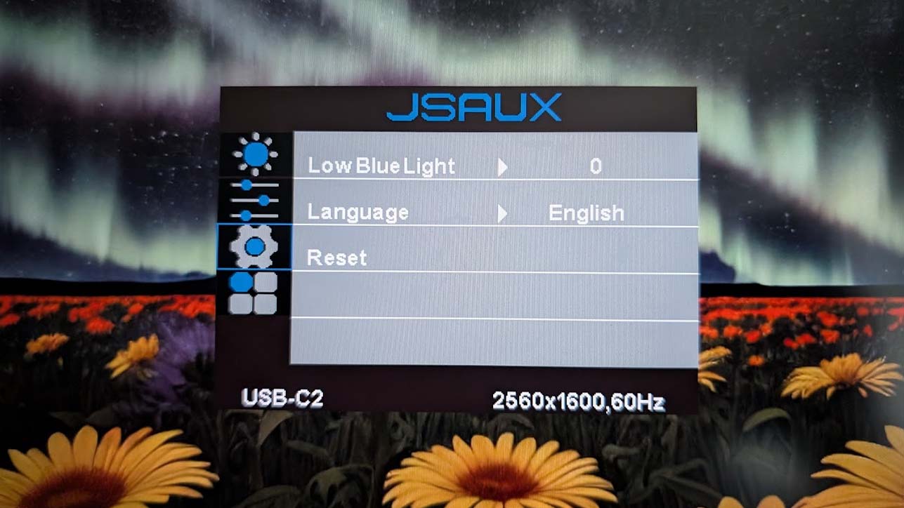 Shot of the JSAUX FlipGo Pro 16's OSD Blue Light and Language menu. 