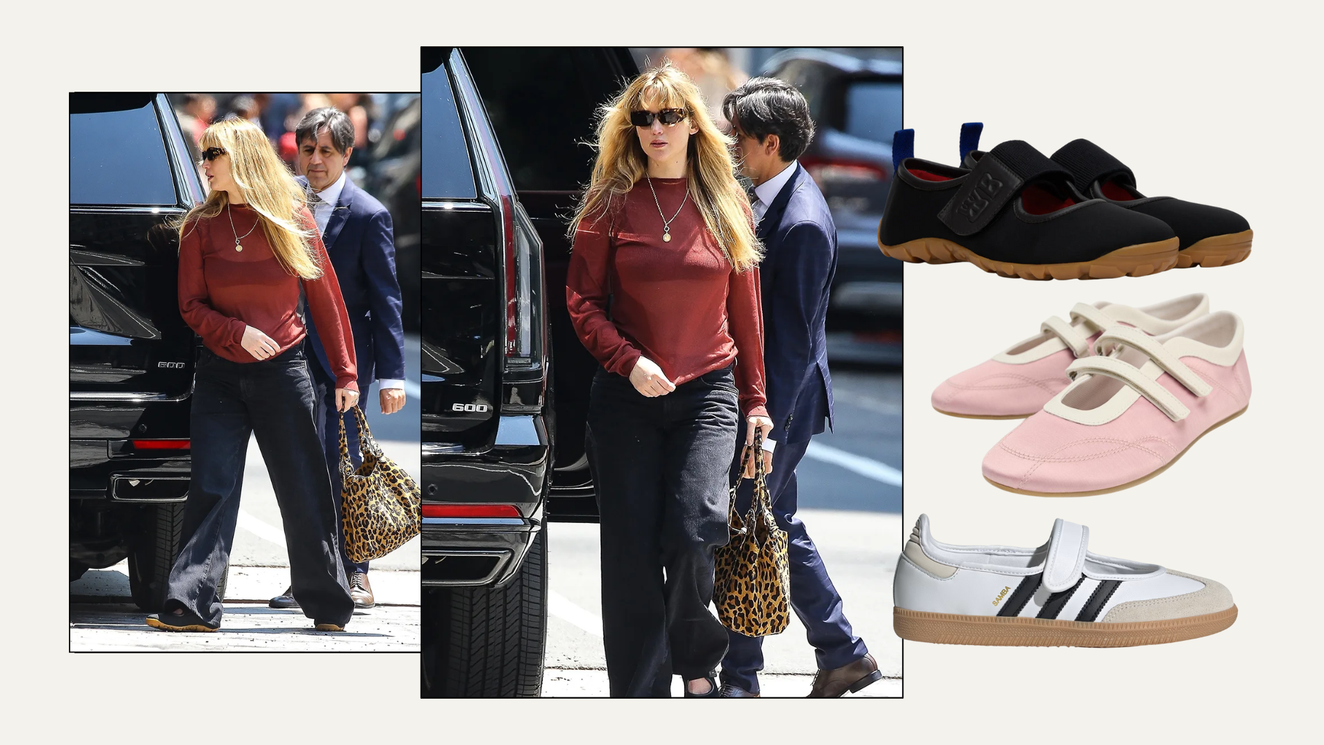 An image of Jennifer Lawrence wearing Mary Jane trainers.